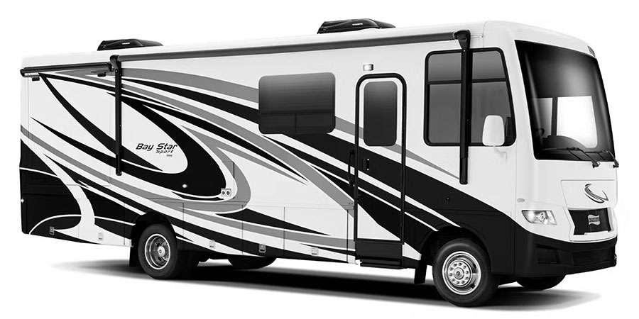 White Bay Star Sport Class C motorhome with black and gray graphics, side view on white background.