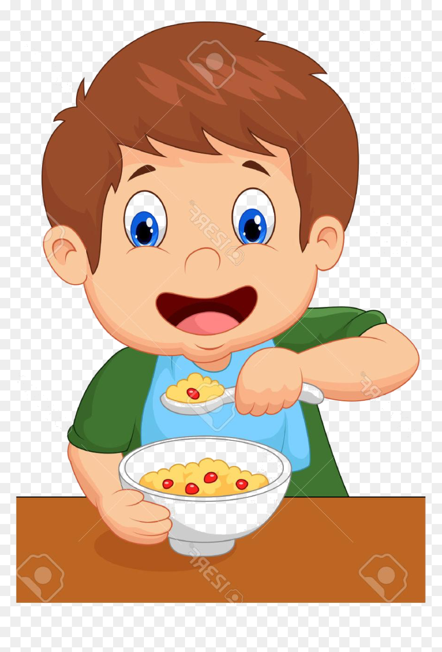 Happy cartoon boy eating cereal with berries from a bowl using a spoon.
