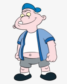 Cartoon boy with blue cap, oversized head, goofy grin, wearing open blue shirt, white tee, gray shorts, and black shoes.