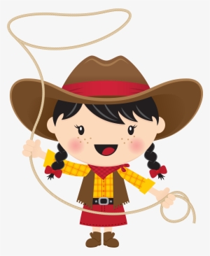 Cheerful cartoon girl in cowboy hat and vest holding a lasso, smiling with pigtails and rosy cheeks.