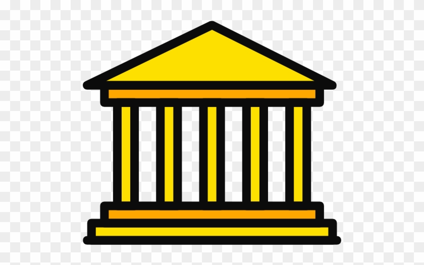 Yellow classical-style building icon with columns and triangular pediment, symbolizing government, law, or finance.