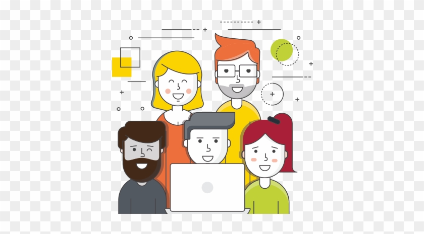 Five diverse team members collaborating around a laptop in a modern flat design illustration.