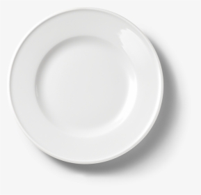 A clean, glossy white ceramic dinner plate viewed from above on a neutral background.