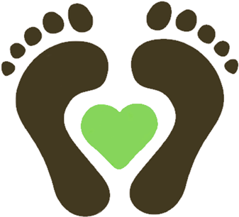 Two brown footprints cradling a bright green heart, symbolizing care, sustainability, or eco-friendly footprint.