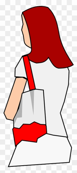 Side-view illustration of a woman with red hair carrying a white tote bag with red strap and detail.