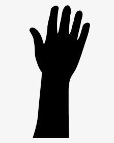 Black silhouette of a raised human hand with open palm and fingers extended, isolated on white background.