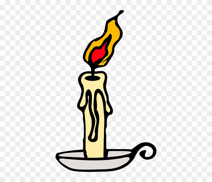 A lit yellow candle with a red-and-yellow flame, wax dripping down its side, resting in a silver candle holder with a decorative handle.