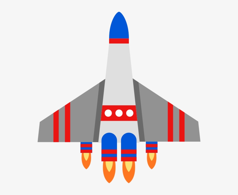Stylized cartoon rocket with blue nose cone, gray body, red stripes, and four orange thrusters firing.
