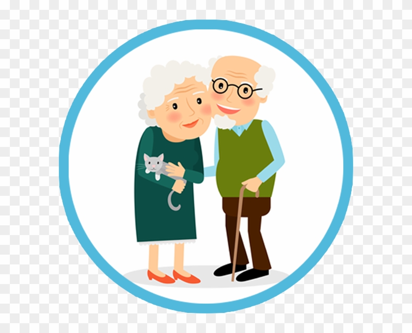 Smiling elderly couple embracing, woman holding a gray cat, man with cane and glasses, in a blue circular frame.