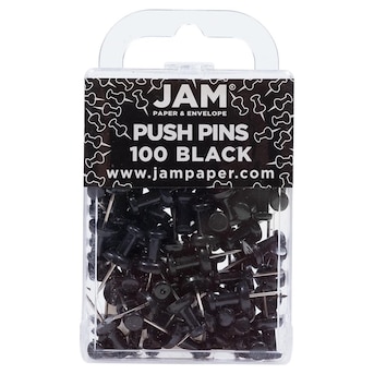 Pack of 100 black push pins in clear plastic packaging by JAM Paper & Envelope.