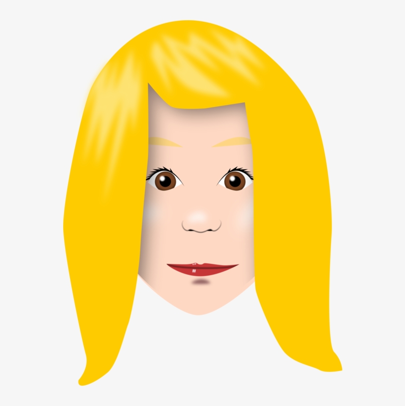 Illustration of a woman with bright yellow shoulder-length hair, brown eyes, and red lips on a white background.