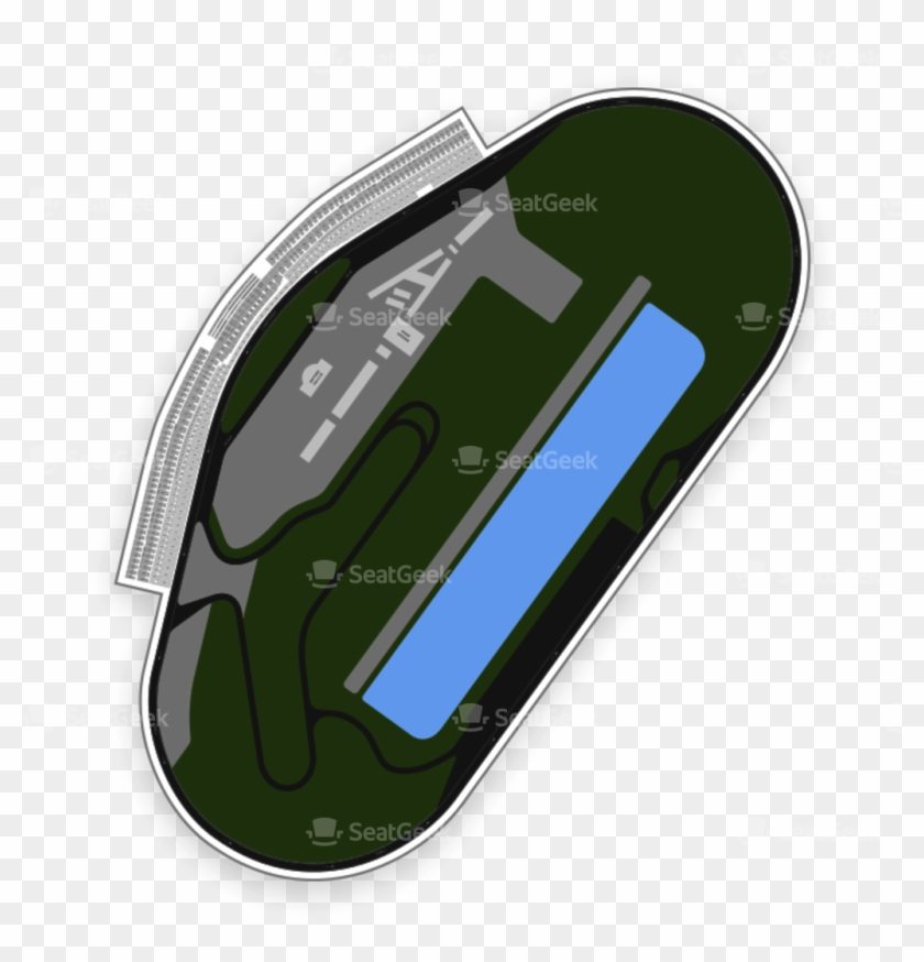 Aerial-style seating chart of a racetrack with grandstands, infield, and pit lane highlighted in blue.