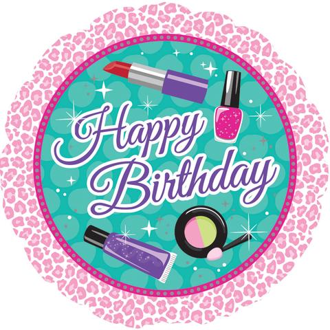 Pink leopard-print birthday balloon with makeup items and "Happy Birthday" text.