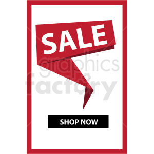 Red speech bubble with bold "SALE" text and "SHOP NOW" button, framed in red border on white background.