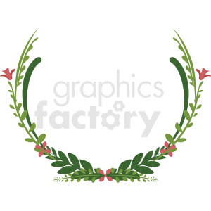 Green laurel wreath with pink flowers and leafy branches forming a decorative frame.