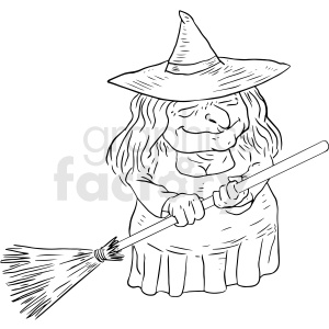 Cartoon witch with pointy hat and broomstick, smiling mischievously in black-and-white line art style.