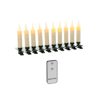 Ten flameless LED candles on black clips with remote control, warm white glow, battery-operated decorative lighting.