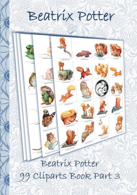 Beatrix Potter 99 Cliparts Book Part 3 cover showing illustrated animal characters on patterned background.