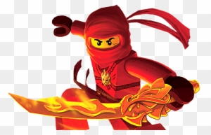 Red LEGO Ninjago ninja wielding a flaming golden sword, hooded and ready for action.