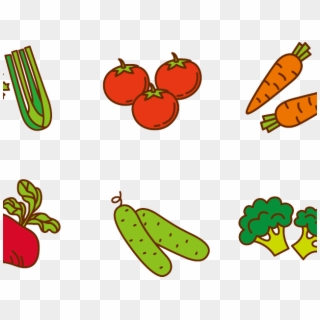 Colorful cartoon illustration of six vegetables: celery, tomatoes, carrots, radish, cucumbers, and broccoli on transparent background.