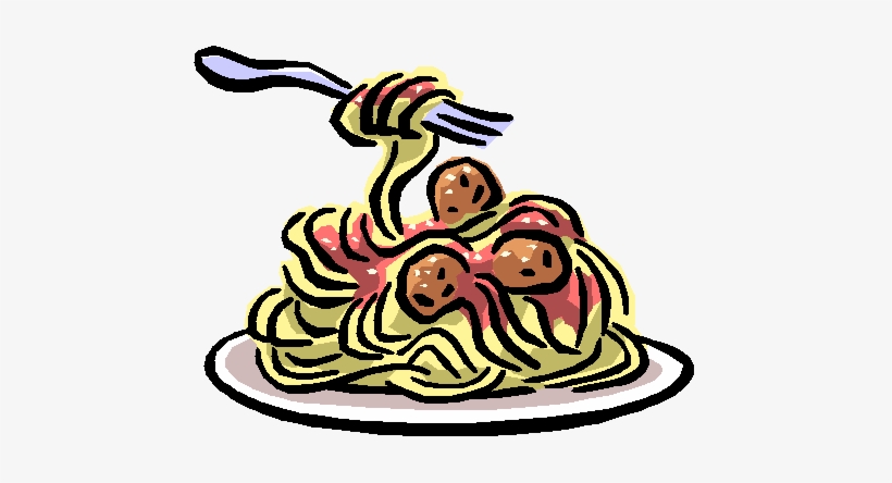 A cartoon-style plate of spaghetti with meatballs and tomato sauce, a fork twirling noodles above.