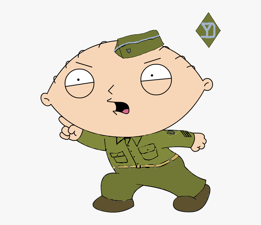 Stewie Griffin from Family Guy in a green military uniform, pointing forward with a determined expression and a floating insignia above.