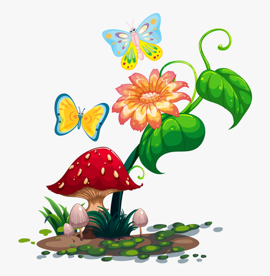 Colorful cartoon butterflies flutter near a vibrant orange flower and red spotted mushroom in a whimsical forest scene.