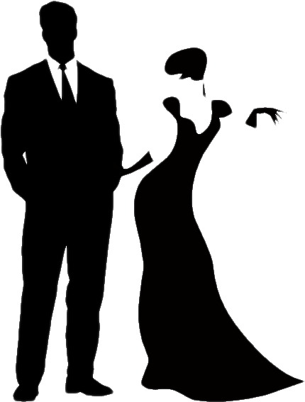 Silhouette of a man in a suit and a woman in an elegant gown, suggesting a formal event like a wedding or gala.