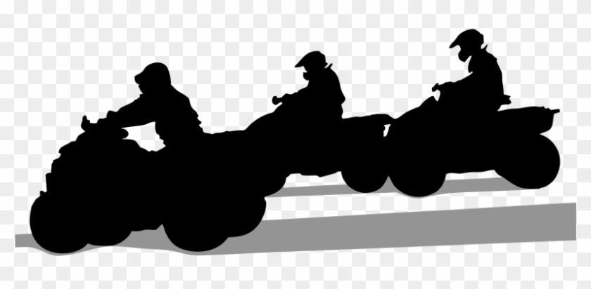 Silhouette of three riders on ATVs in a line, wearing helmets and gear, casting shadows on a transparent background.