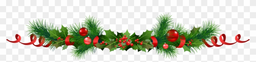 Festive Christmas garland with pine needles, holly leaves, red berries, and ribbons on transparent background.