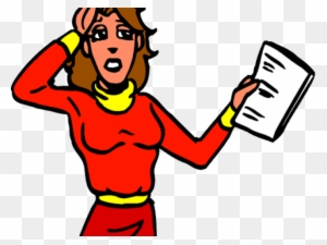 Stressed woman in red outfit holding document and clutching head in frustration.