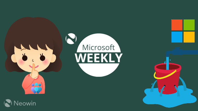 A cartoon girl shushing beside Microsoft Weekly logo, with Windows logo and overflowing bucket symbolizing leaks or updates.