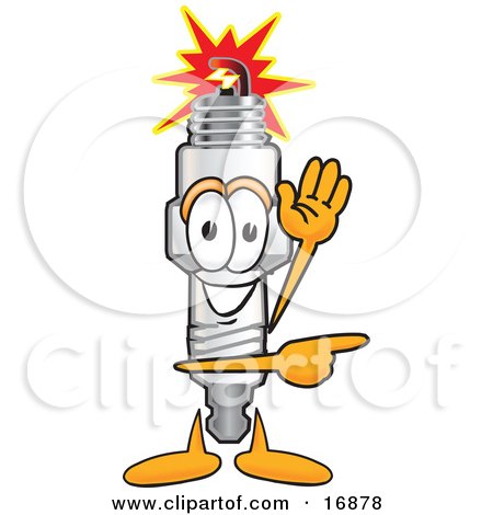 Animated spark plug mascot waving and pointing, with a bright spark at its tip.