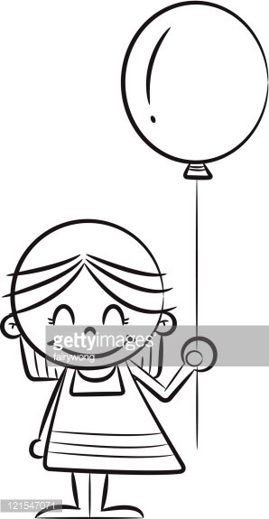 Smiling cartoon girl holding a round balloon with an exclamation mark, black-and-white line art style.