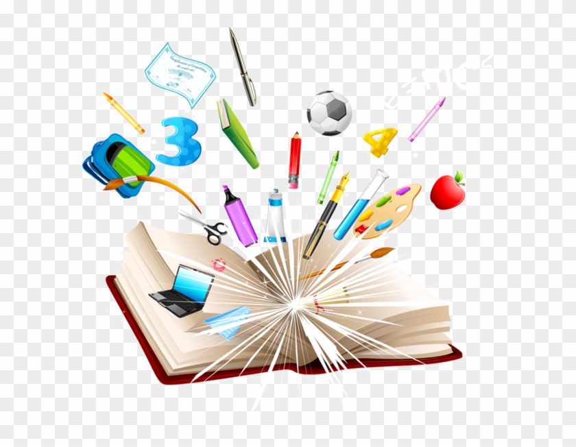 Open book with educational items like pens, laptop, soccer ball, apple, and numbers bursting out in a dynamic display of learning tools.