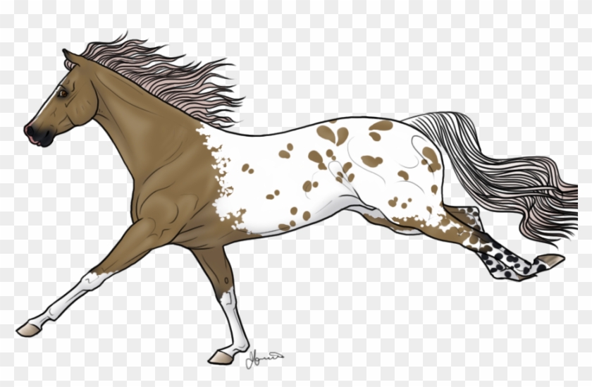 A dynamic illustration of a brown-and-white spotted horse galloping, with flowing mane and tail, in a stylized artistic rendering.