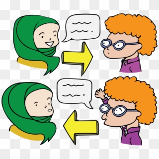 Two cartoon characters-a woman in a green hijab and a girl with orange hair and glasses-exchanging speech bubbles in a dialogue loop.