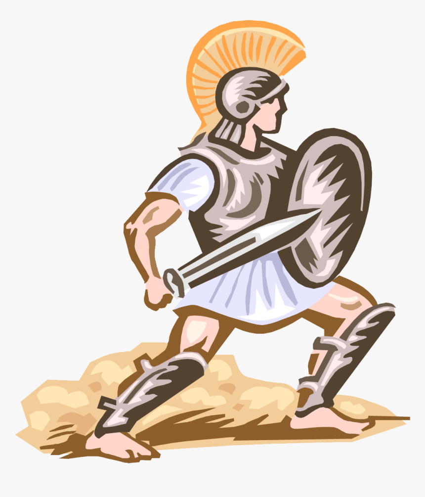 Ancient Greek hoplite warrior in bronze helmet and armor, holding spear and shield, poised for battle on sandy ground.