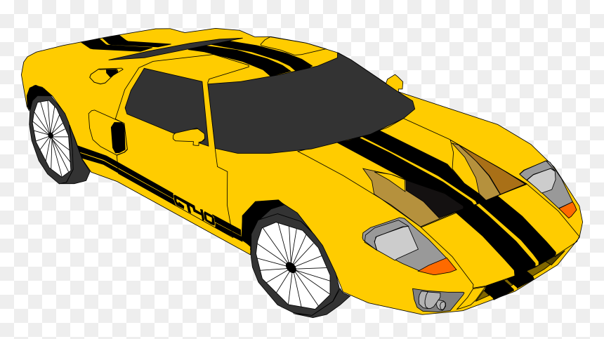 Yellow GT40-style sports car with black racing stripes and stylized wheels on transparent background.