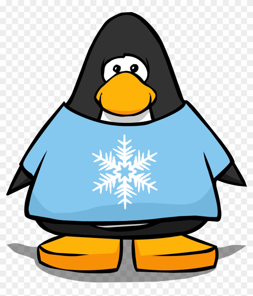 Cartoon penguin wearing a light blue snowflake T-shirt and orange shoes.
