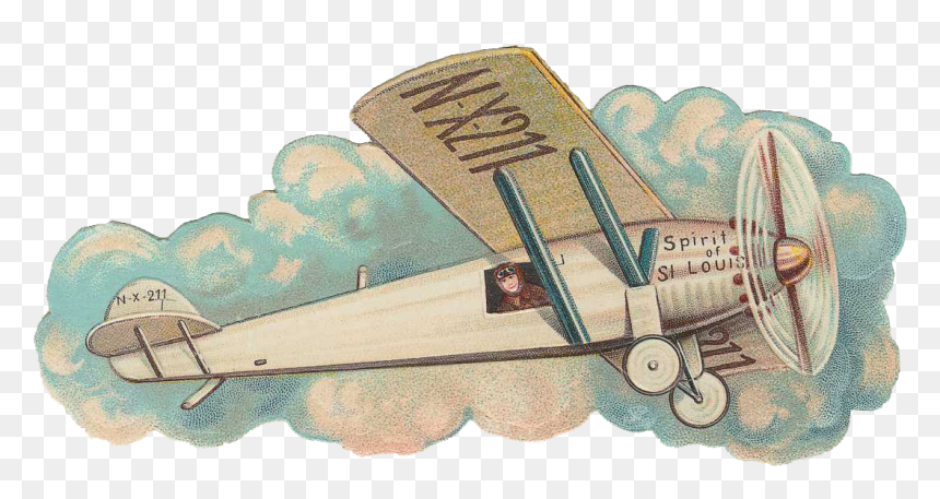 Vintage illustration of the Spirit of St. Louis airplane (N-X-211) flying through clouds with pilot Charles Lindbergh visible in cockpit.