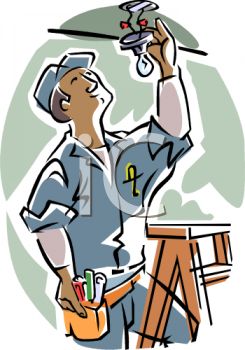 Electrician installing a ceiling light fixture while standing on a ladder, wearing uniform and tool belt.