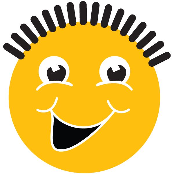 Cheerful yellow smiley face with spiky black hair, wide eyes, and a big open-mouthed grin.