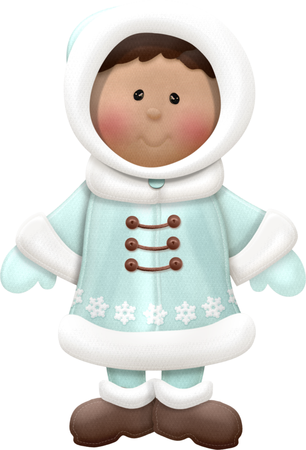 Smiling cartoon child in a light blue winter coat with white hood, snowflake trim, and brown boots.