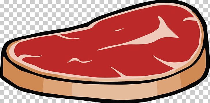 Cartoon-style raw steak slice with marbling and fat trim, isolated on transparent background.