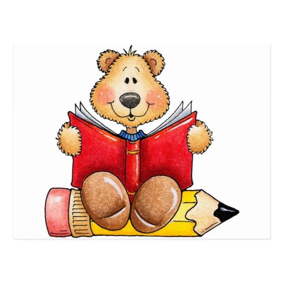 A cute cartoon bear sits on a giant yellow pencil, happily reading a red book.
