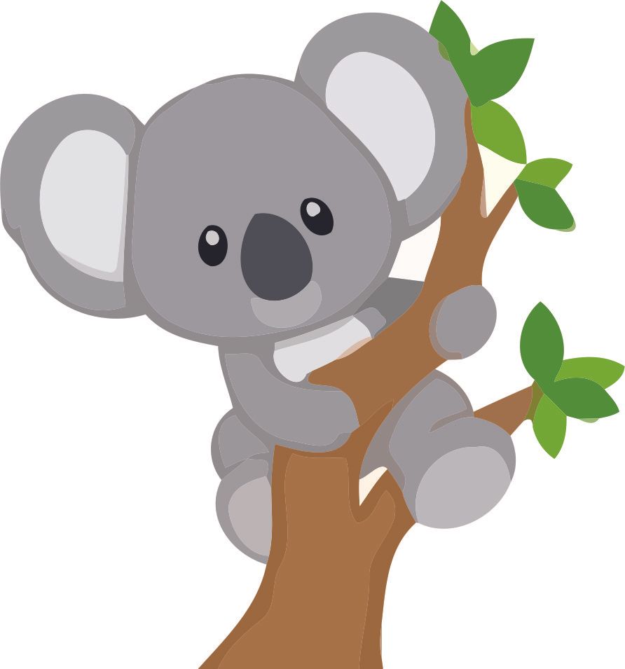 Cute cartoon koala clinging to a eucalyptus tree branch with green leaves.