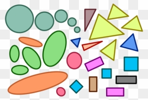 Colorful assortment of geometric shapes including circles, triangles, squares, and ovals on a transparent background.