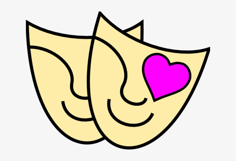 Two yellow theatrical masks-one smiling, one with a pink heart-symbolizing comedy and love.