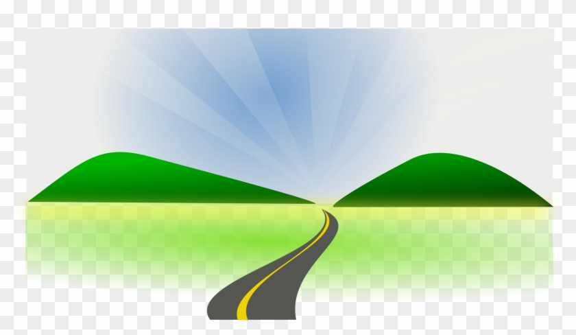 Winding road leading through green hills toward a radiant sunrise sky.